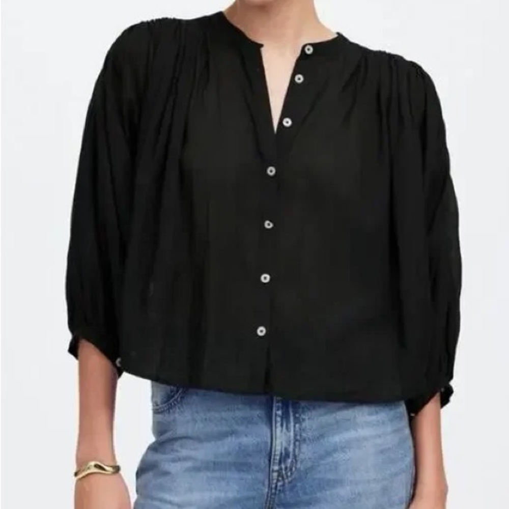 Madewell Black Cotton Balloon Sleeve Sheer Button Top XS